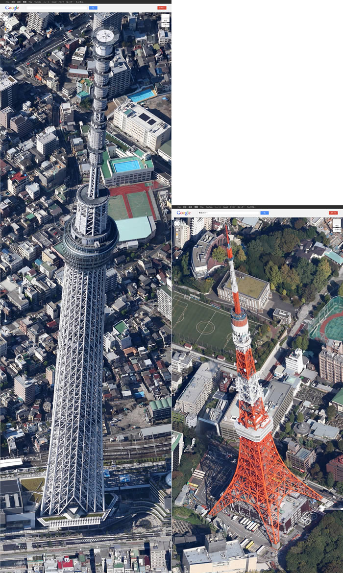 google map 45°skytree tokyo tower
