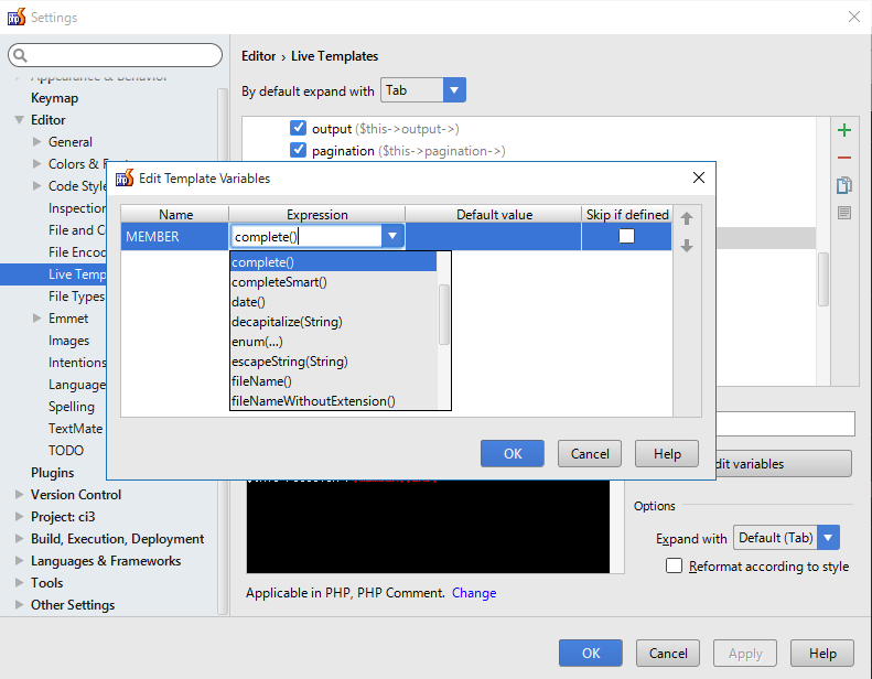 phpstorm livetemplates setting edit variable