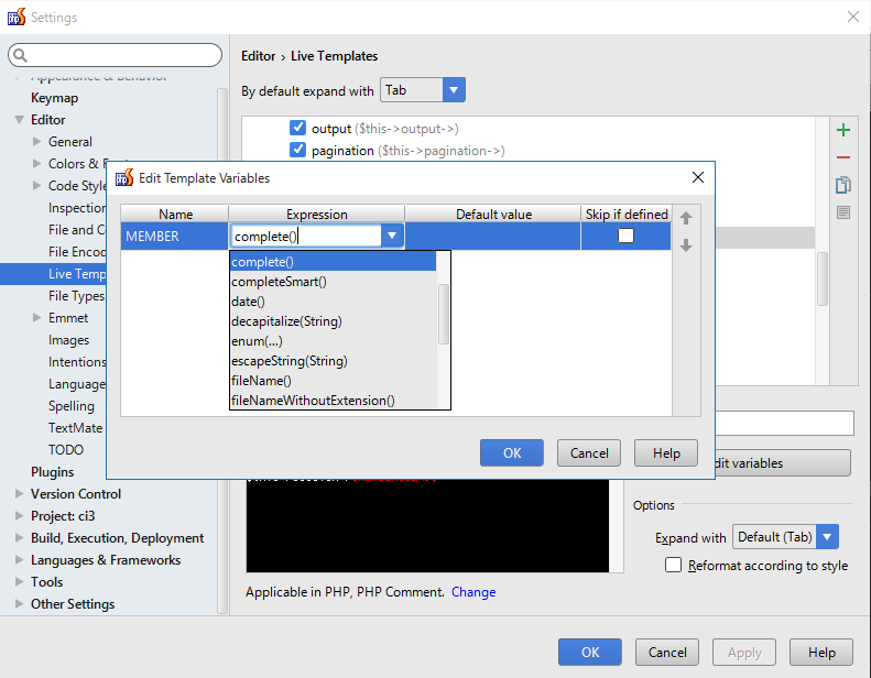 phpstorm　livetemplates setting edit variable