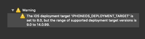 The iOS deployment target ‘IPHONEOS_DEPLOYMENT_TARGET’ is set to 8.0, but the range of supported deployment target versions is 9.0 to 14.0.99.