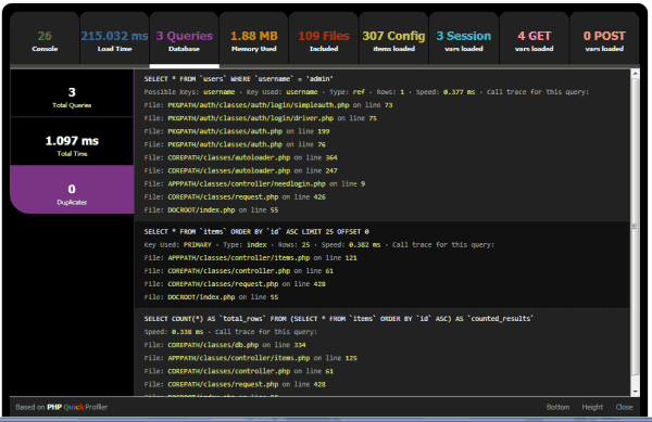 FuelPHP Quick Profiler Database on